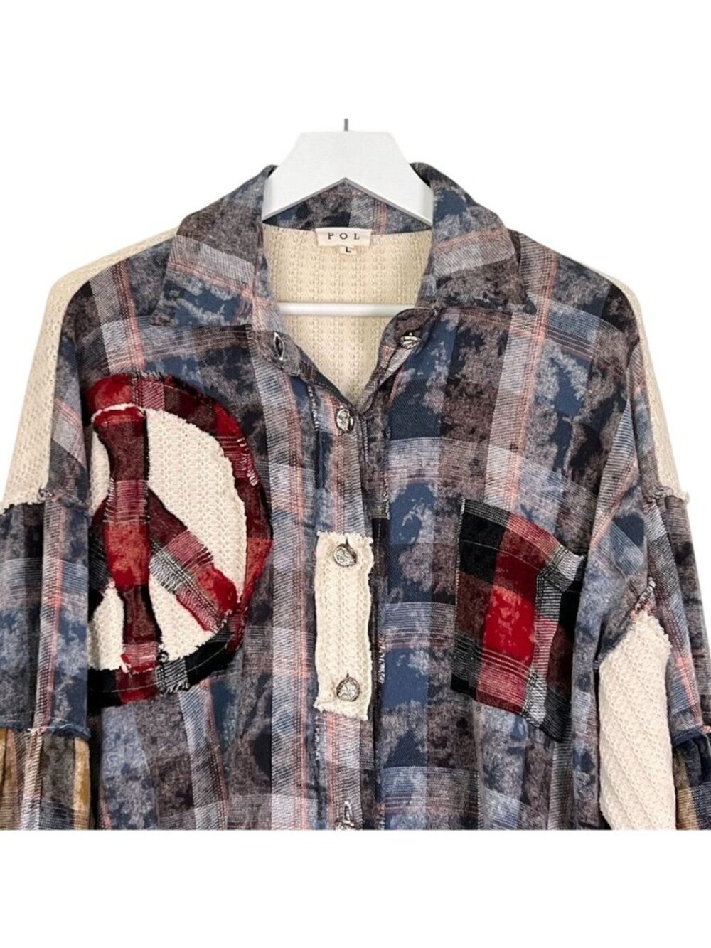 Pol Womens Sz L Peace Patchwork Chunky Plaid Shacket Oversized Statement Grunge - Picture 3 of 16